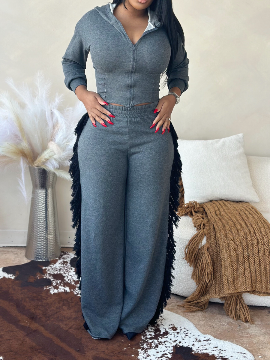 Hoodie Side Tassel Trim Pants Set