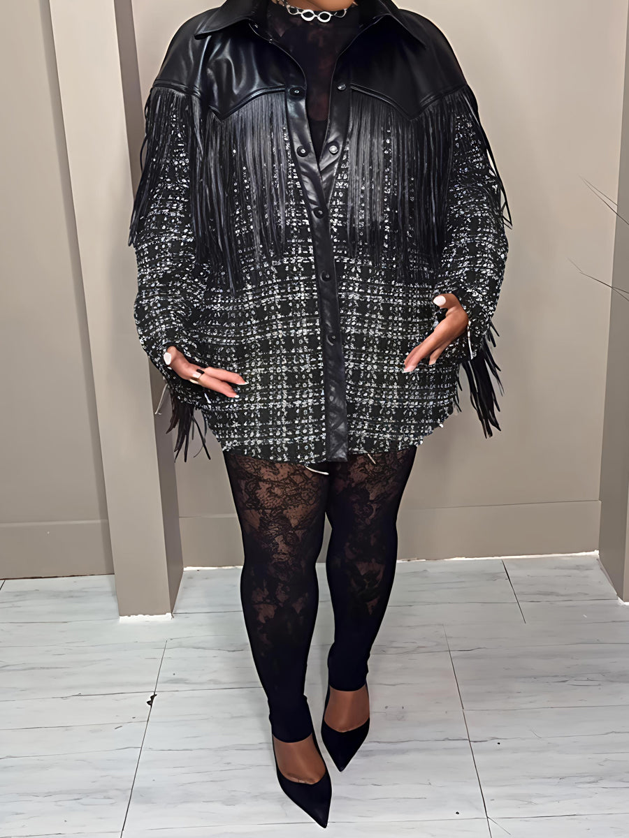 Faux Leather Trim Tweed Shacket（Free shipping）