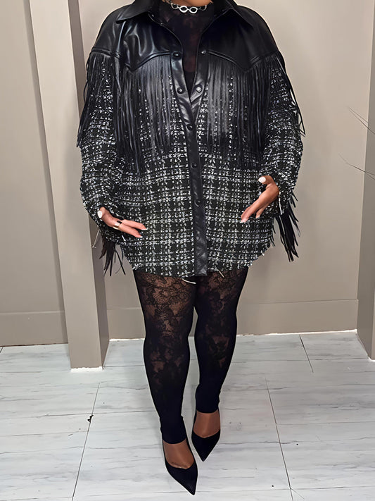 Faux Leather Trim Tweed Shacket（Free shipping）