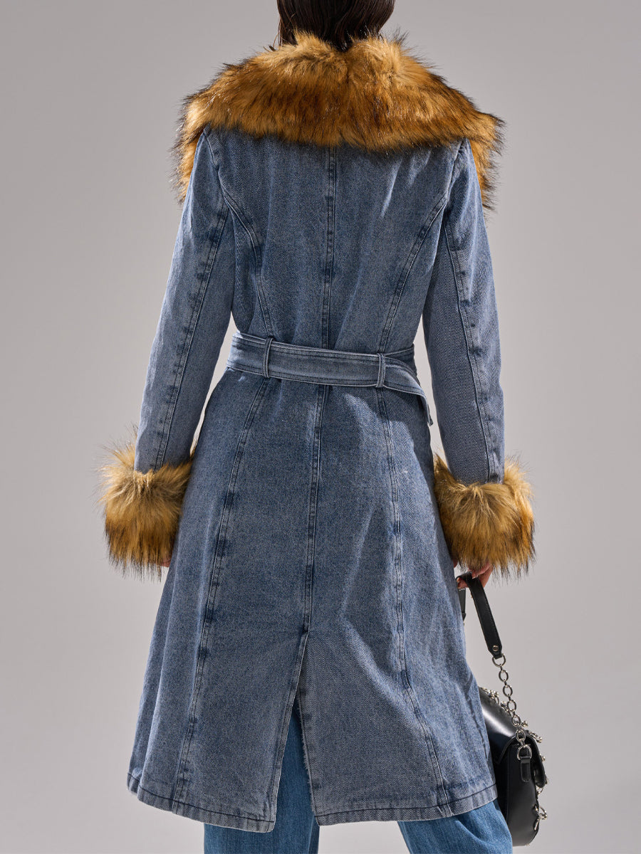 Wide Faux Fur Collar Denim Trench（Free shipping）