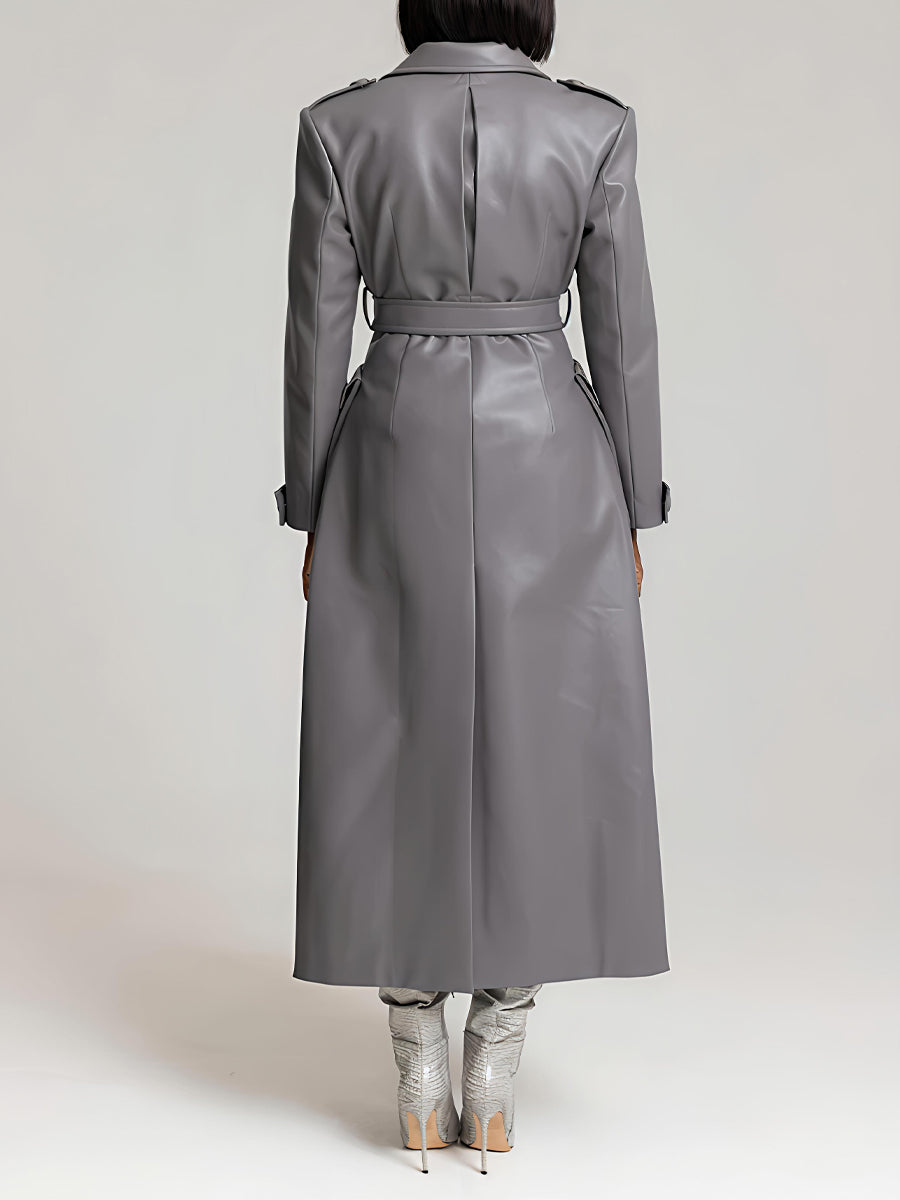 Faux Leather Oversized Front Flap Pockets Trench Coat