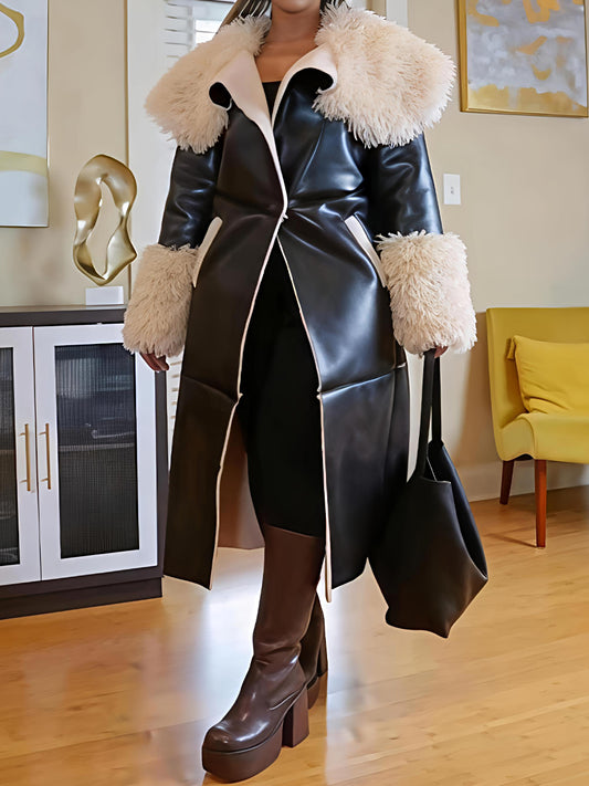 Faux Leather Faux Sherpa Trim Trench Coat（Free shipping）