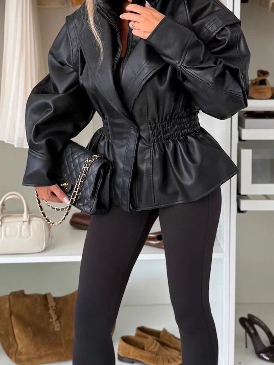 Wide Lapel PU Faux Leather Jacket