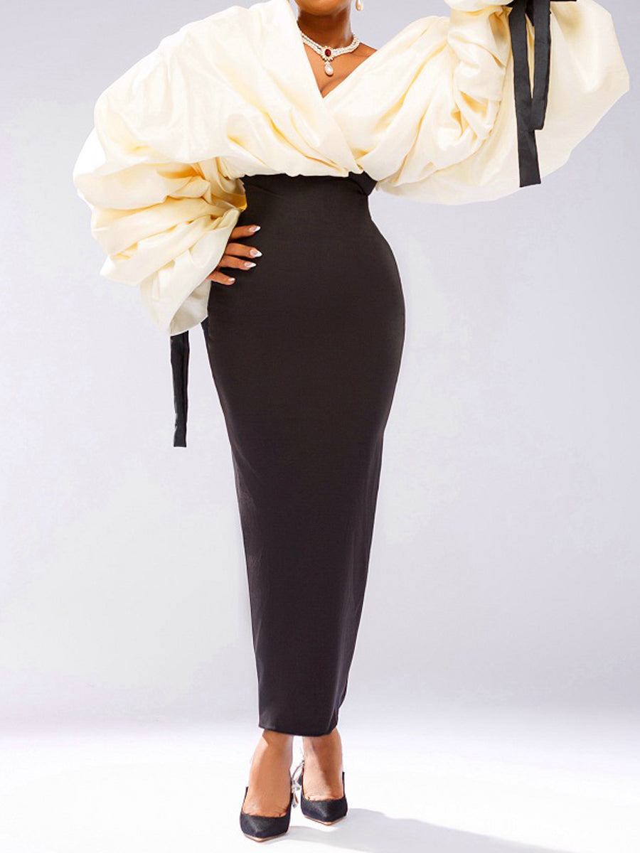 Elegant Deep V Neck Patchwork Maxi Dress