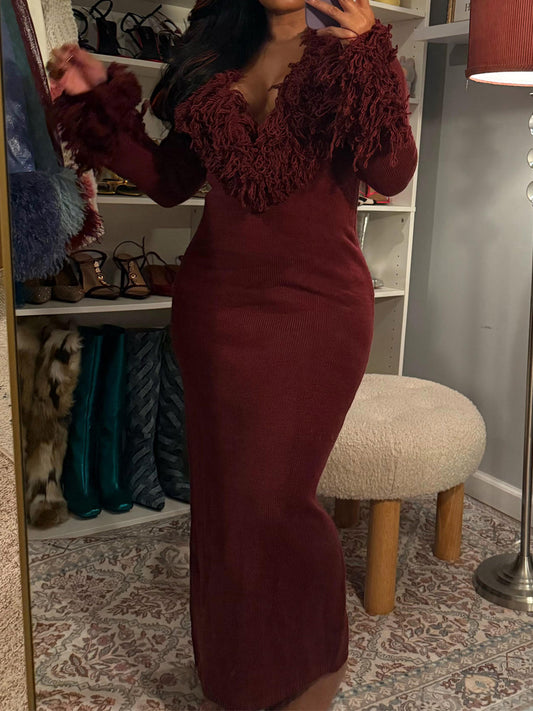 Deep V-Neck Faux Fur Trim Sweater Maxi Dress