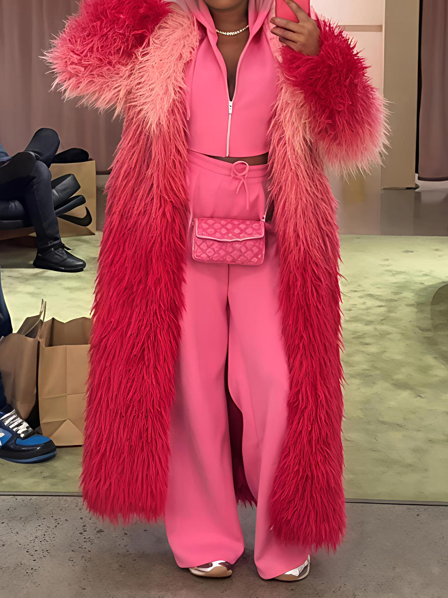 Faux Fur Notched Collar Ombre Design Coat（Free shipping）