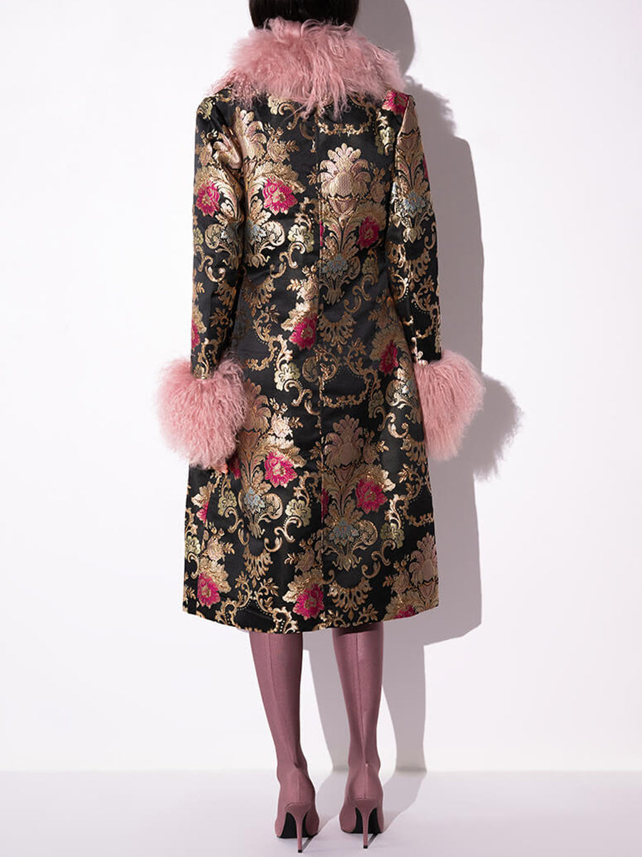 Detachable Faux Fur Patchwork Floral Print Coat（Free shipping）