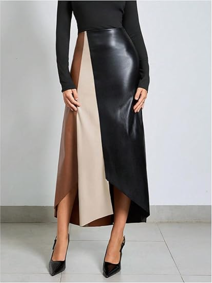 Leather Patchwork Asymmetrical Contrast Skirt