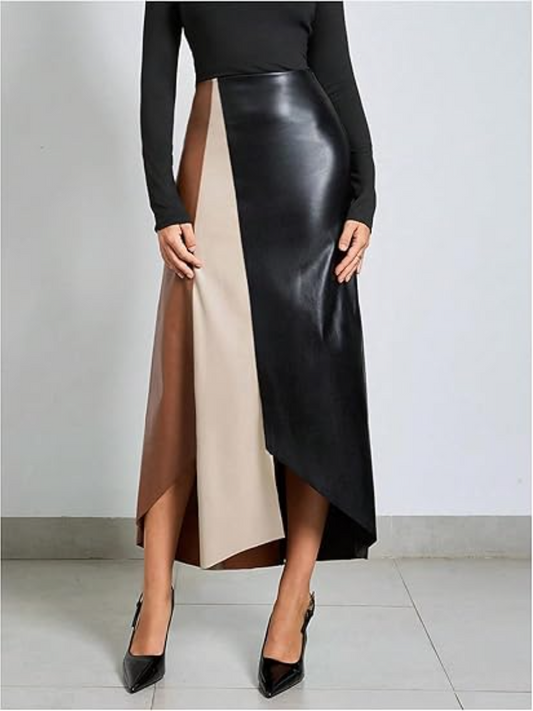 Leather Patchwork Asymmetrical Contrast Skirt