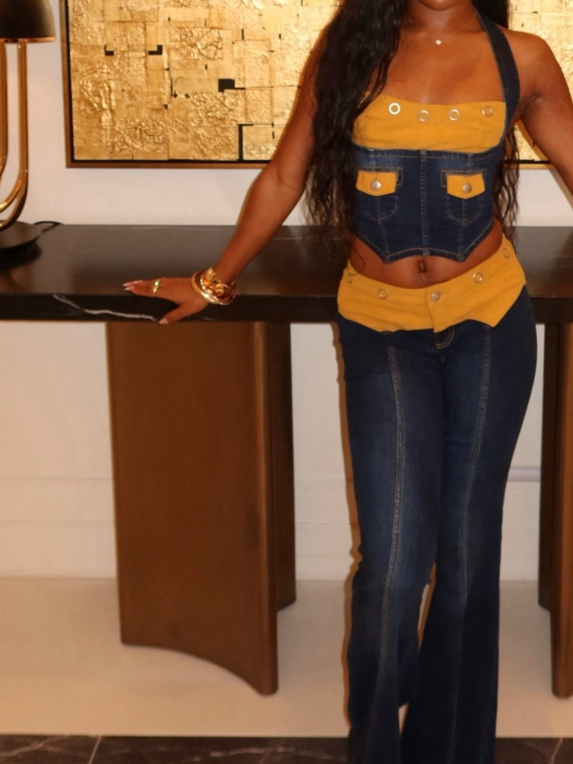 Denim Patchwork Contrast Color Design Suit