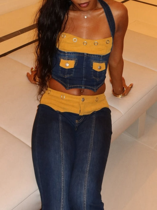 Denim Patchwork Contrast Color Design Suit