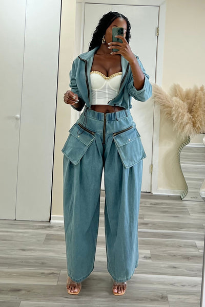 Vintage Denim Suit With Zipper Pocket Design