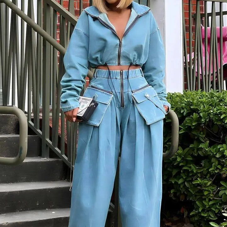 Vintage Denim Suit With Zipper Pocket Design