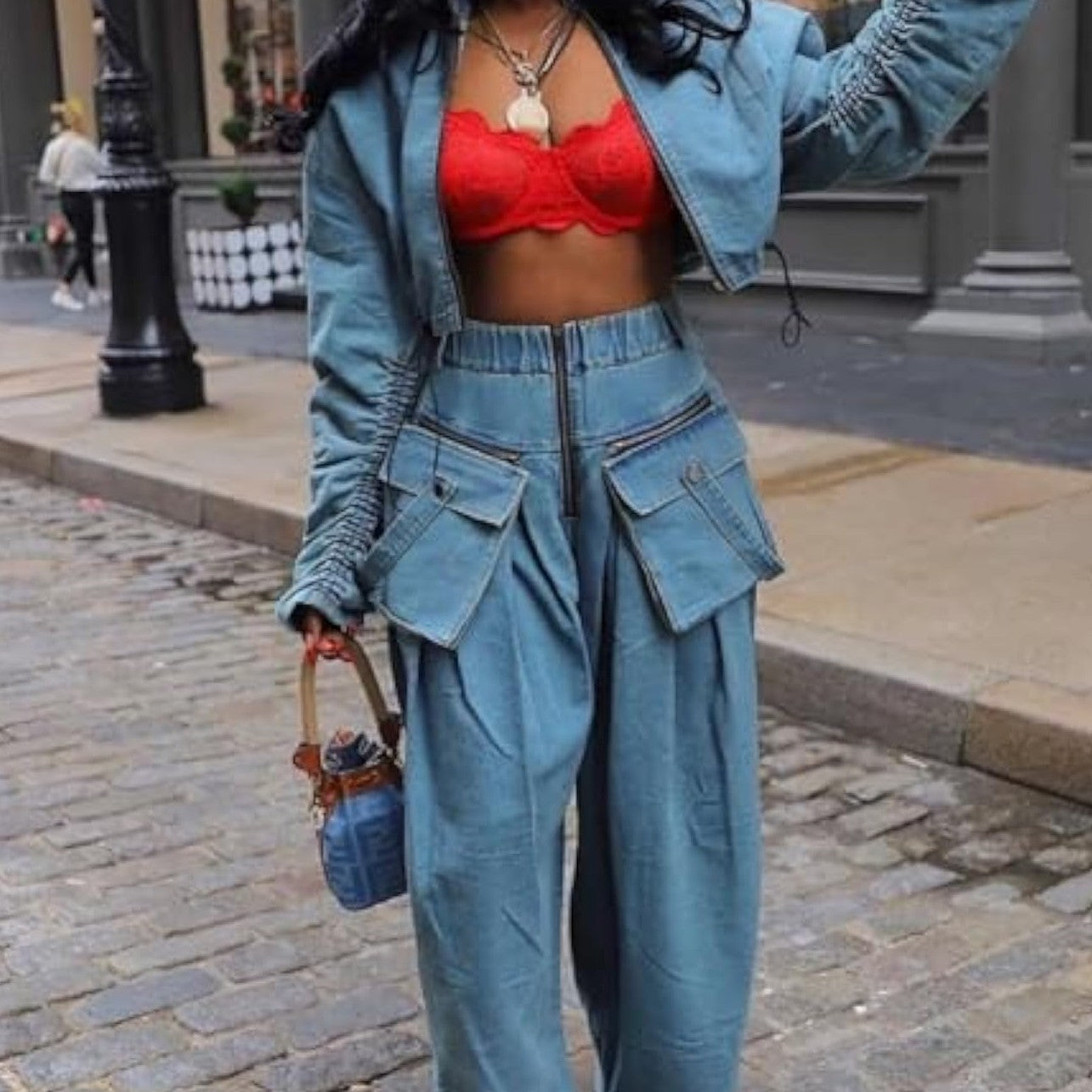 Vintage Denim Suit With Zipper Pocket Design
