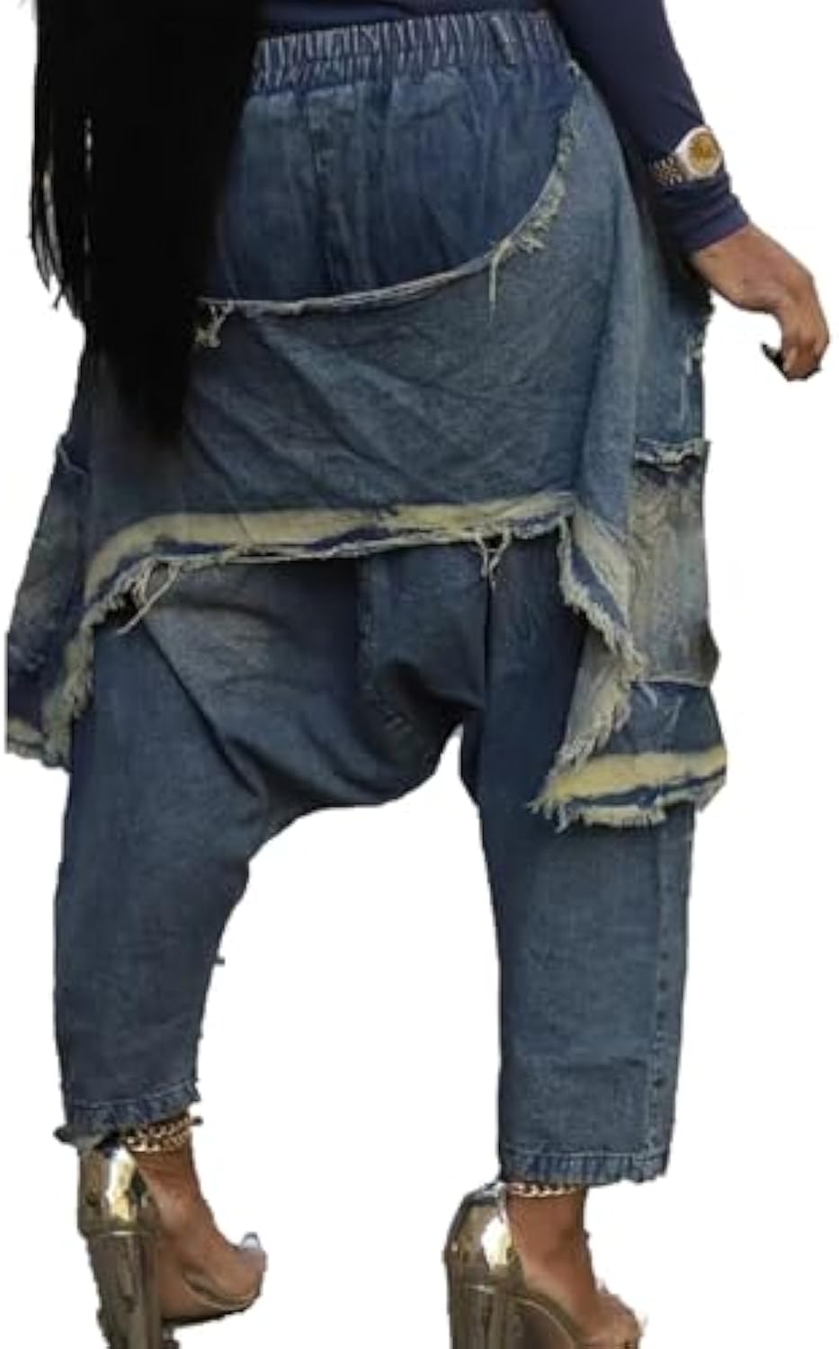 Women's Denim Harem Pants Irregular Hem Loose Hole Wide Leg