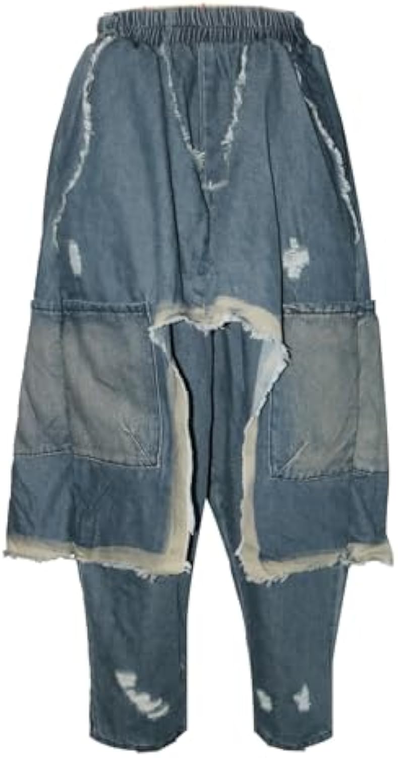 Women's Denim Harem Pants Irregular Hem Loose Hole Wide Leg