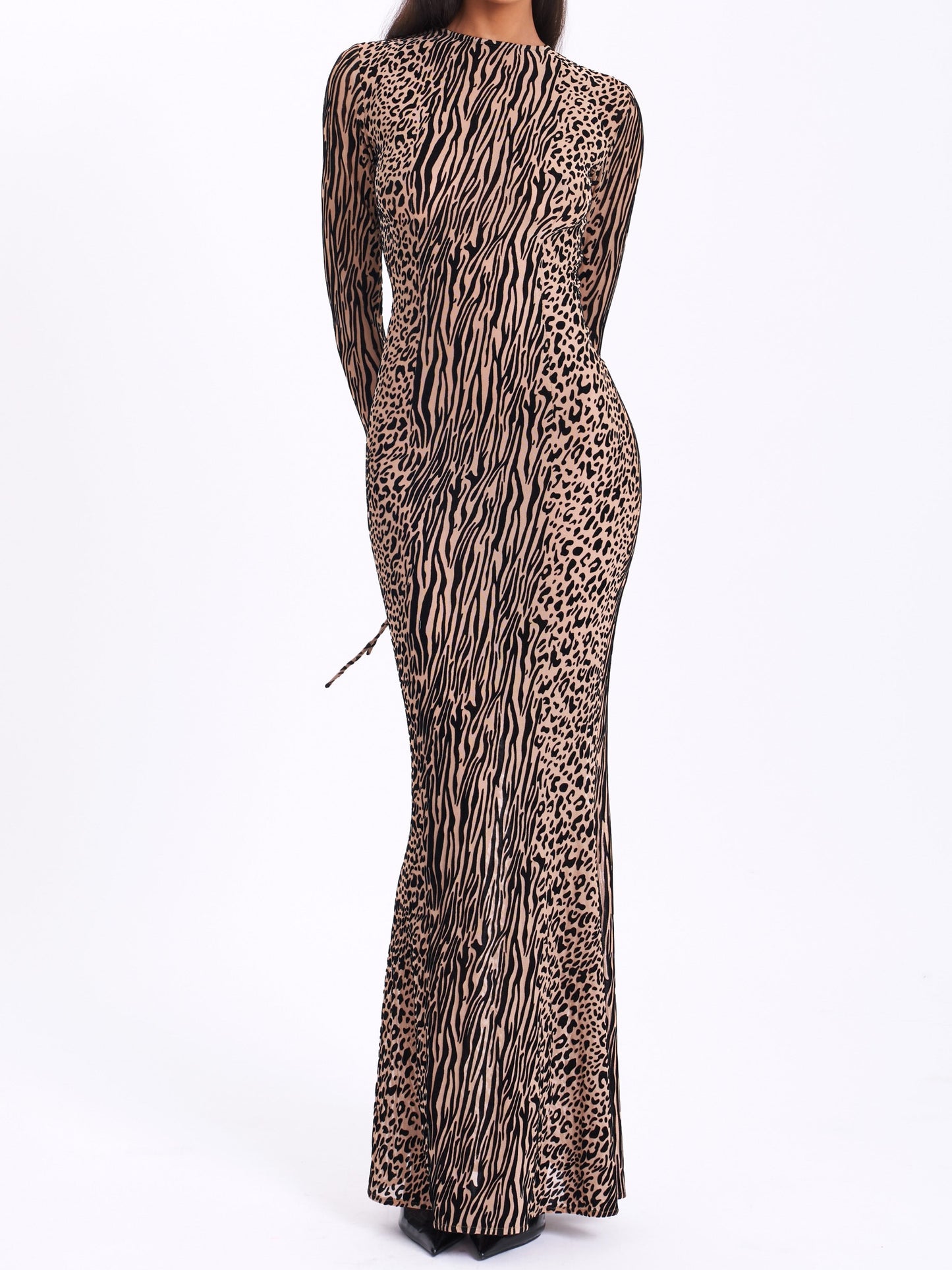 Nude Black Animal Print Burnout Velvet Detail Mesh Backless Maxi Dress
