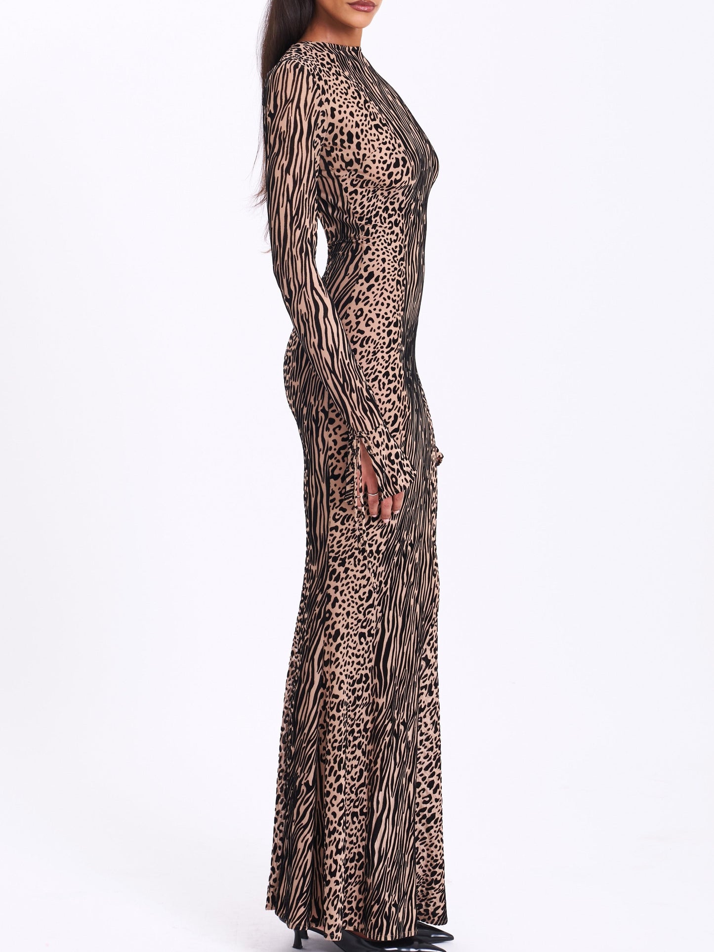Nude Black Animal Print Burnout Velvet Detail Mesh Backless Maxi Dress