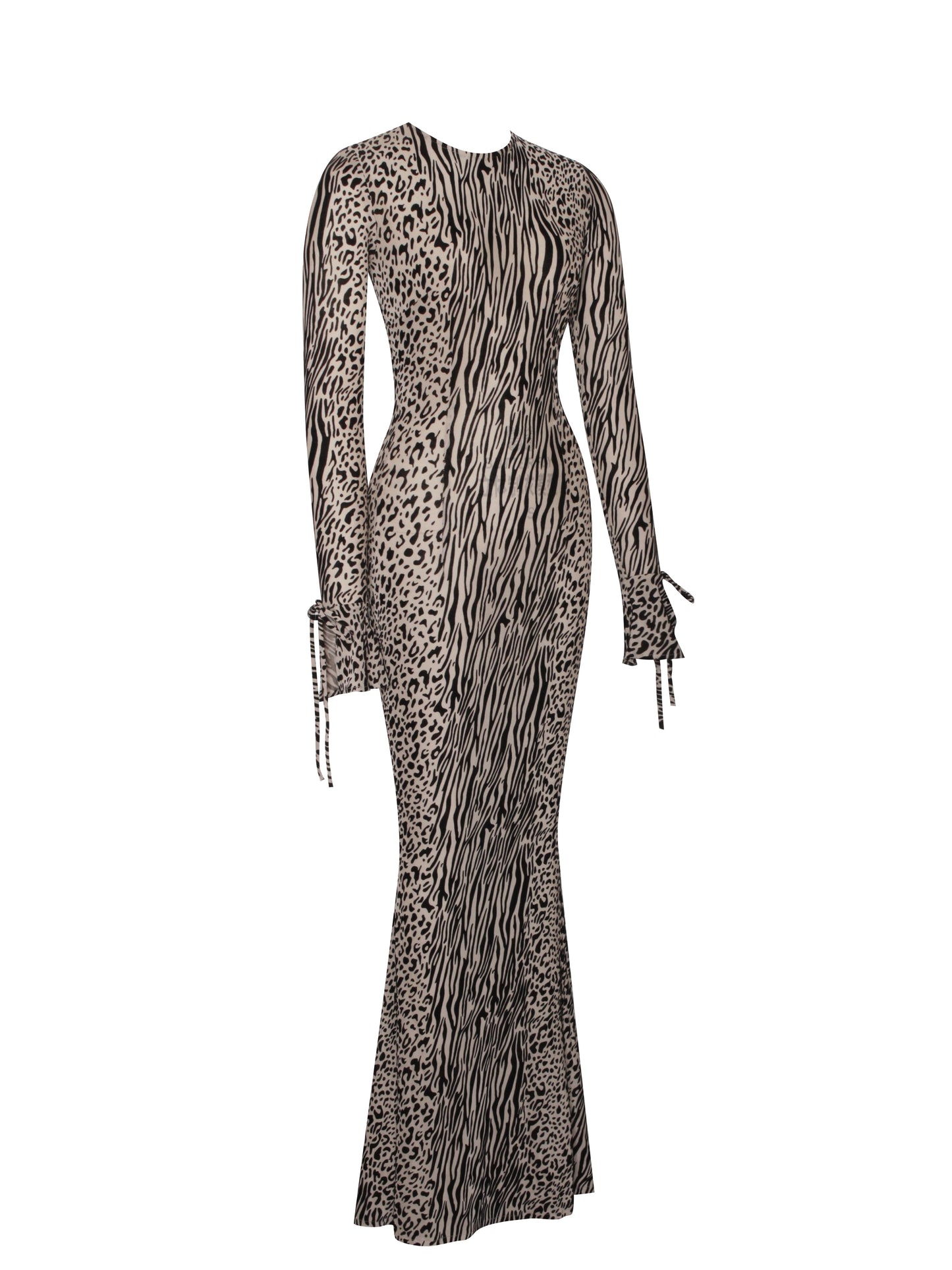 Nude Black Animal Print Burnout Velvet Detail Mesh Backless Maxi Dress