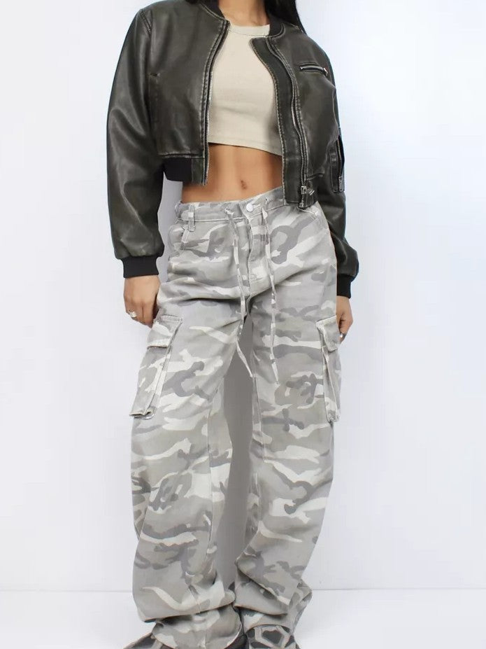 Washed Cropped Leather Bomber Jacket