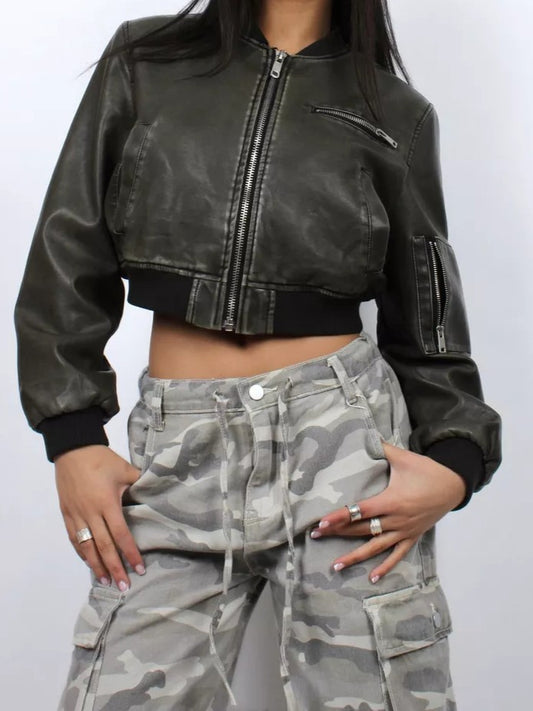Washed Cropped Leather Bomber Jacket
