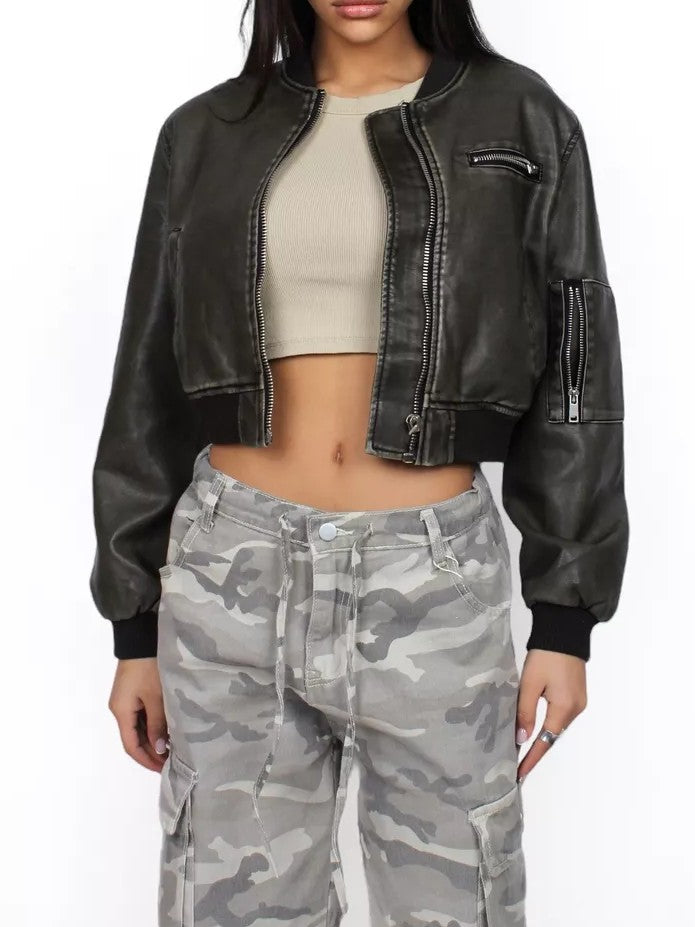 Washed Cropped Leather Bomber Jacket