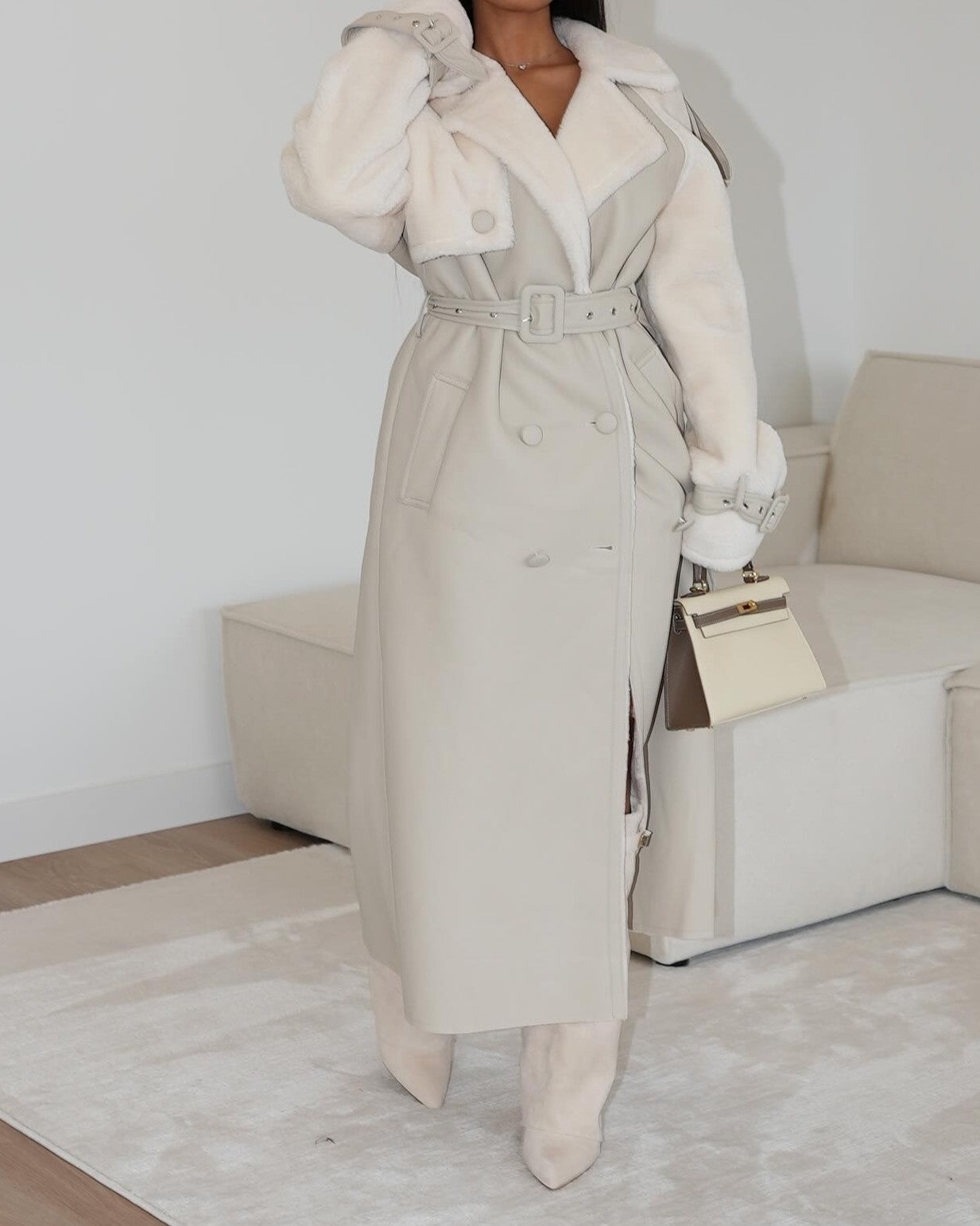 Long Faux Leather Coat With Fur Lining & Contrasting Panels