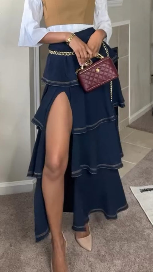Vintage Denim Long Skirt With Ruffles