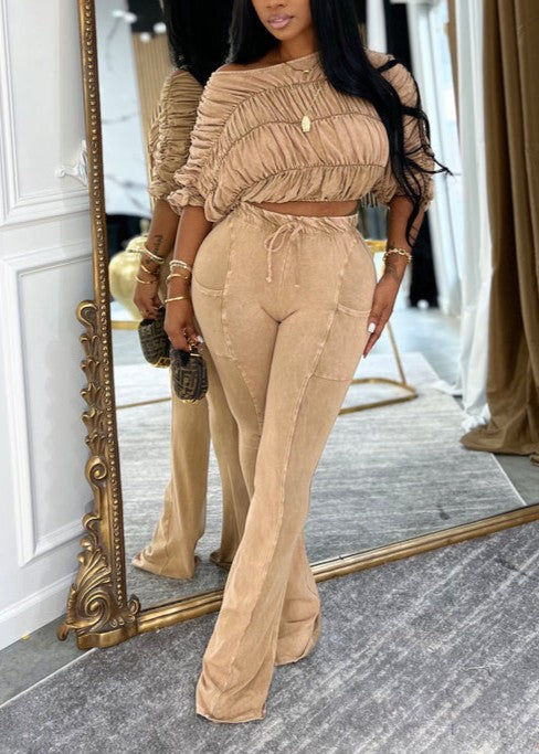 Off-shoulder Elastic Suit With Pleated Design