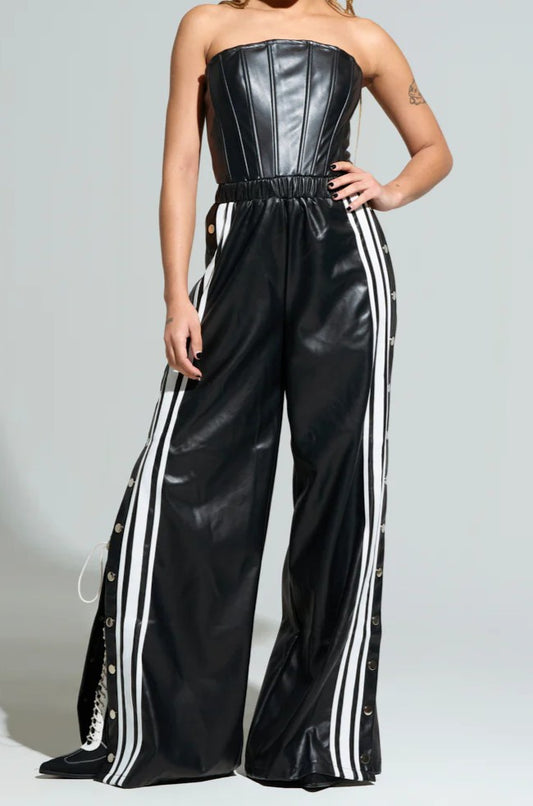 Leather Suit With Striped Buttoned Pants