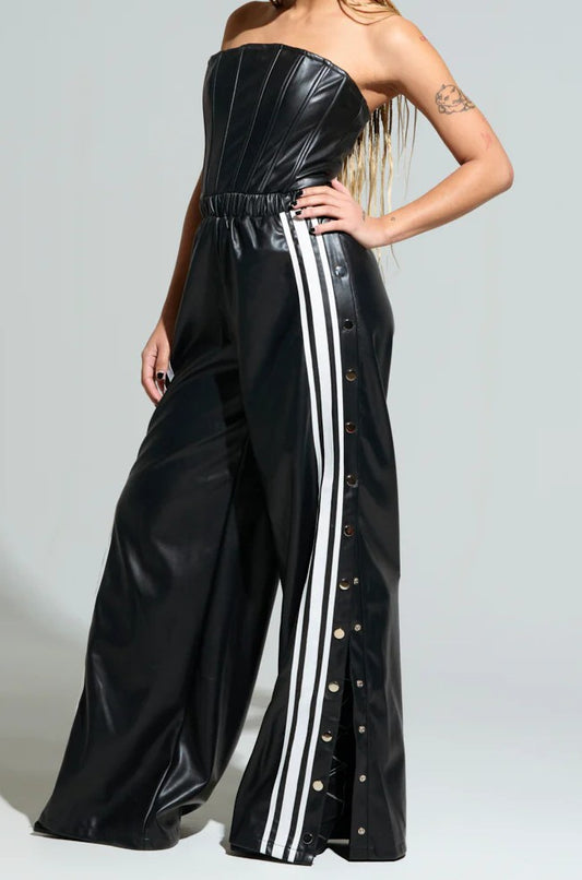 Leather Suit With Striped Buttoned Pants