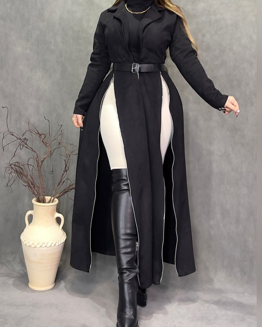 Long Black Jacket With Zipper Design