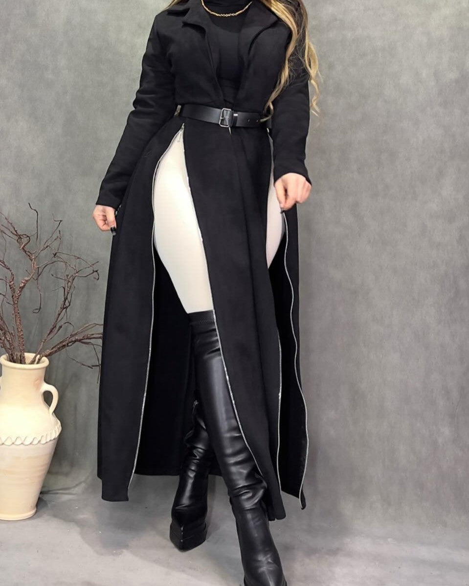 Long Black Jacket With Zipper Design