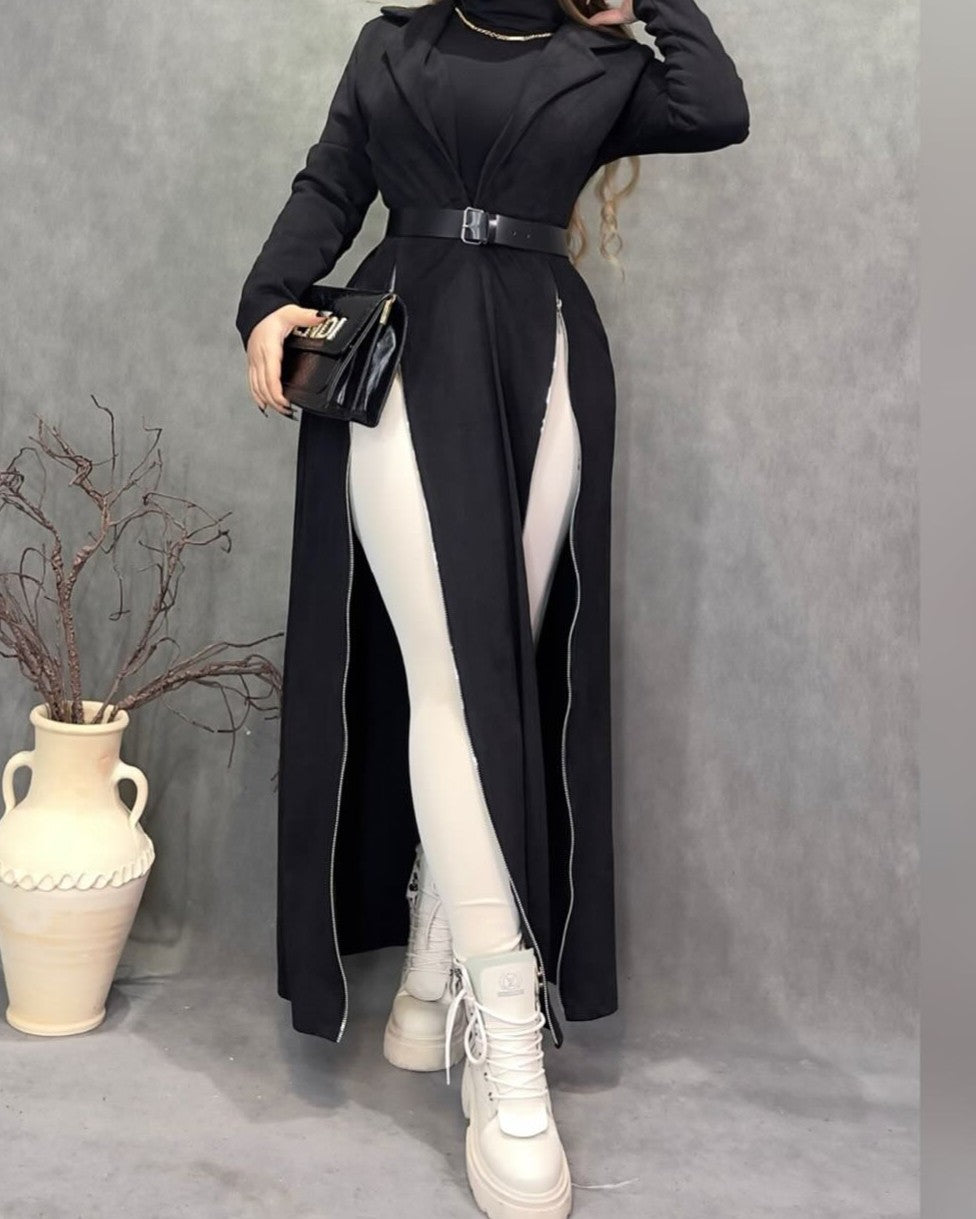 Long Black Jacket With Zipper Design