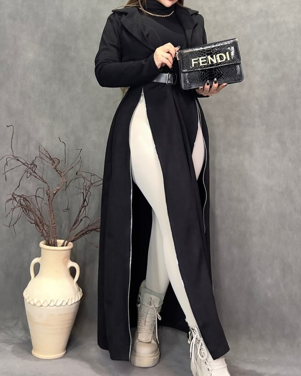 Long Black Jacket With Zipper Design