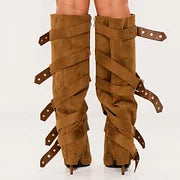 Vegan Suede Stiletto Heel Grommet Strap Knee Fold Over Boots in Tan