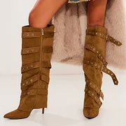 Vegan Suede Stiletto Heel Grommet Strap Knee Fold Over Boots in Tan