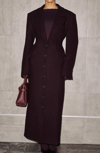 Rose Red Long Coat With Waist