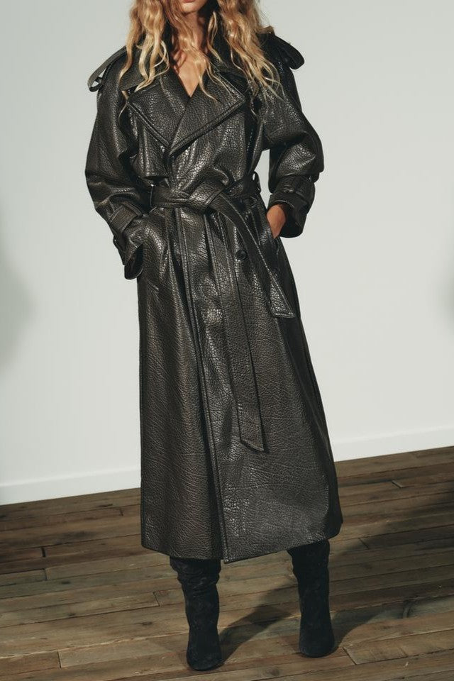 Extra Long Faux Leather Coat