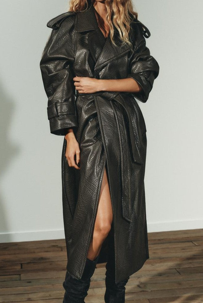 Extra Long Faux Leather Coat