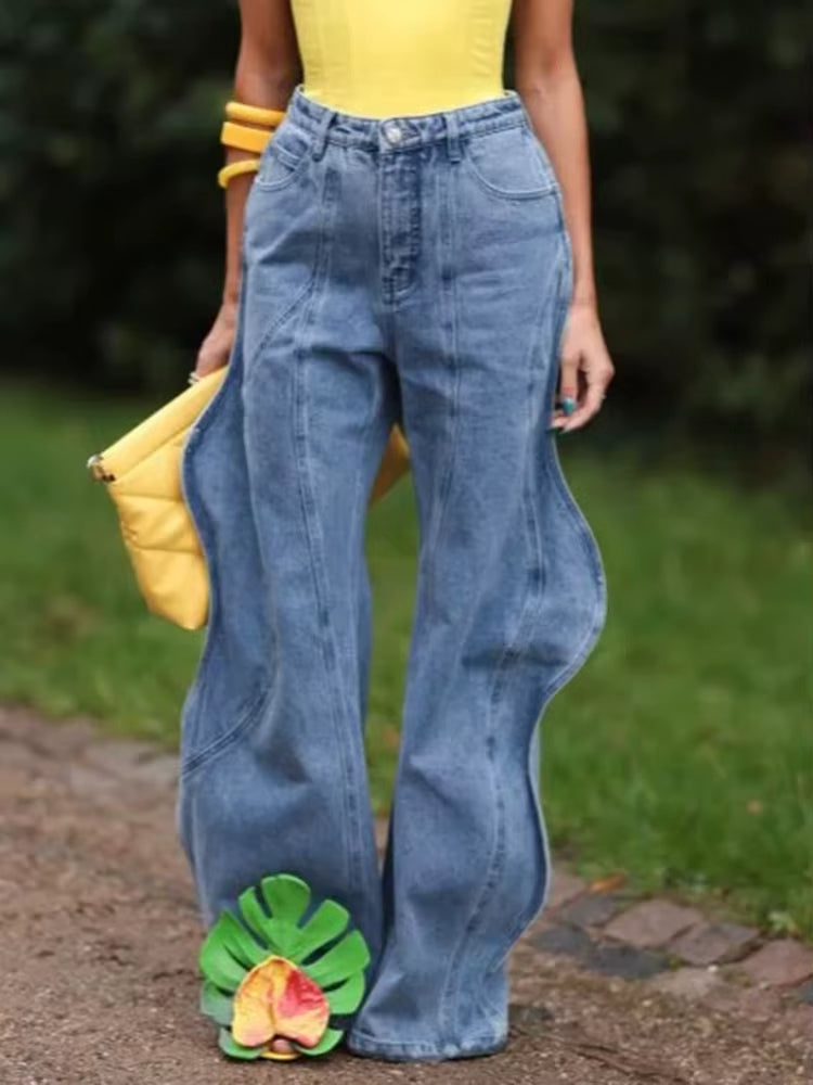 Wave Design Paneled Button Casual Jeans