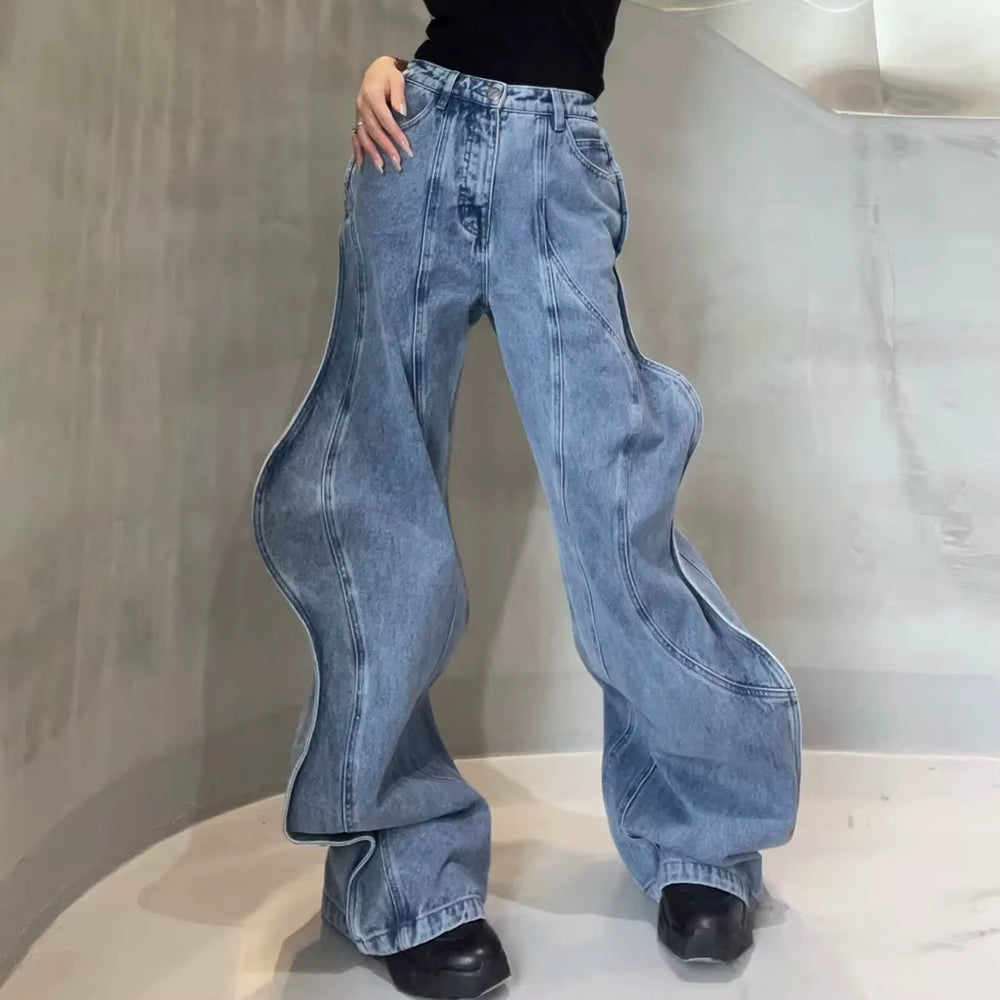Wave Design Paneled Button Casual Jeans