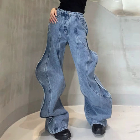 Wave Design Paneled Button Casual Jeans