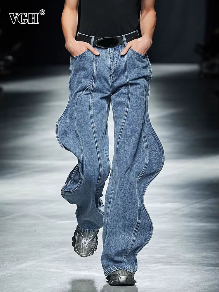 Wave Design Paneled Button Casual Jeans