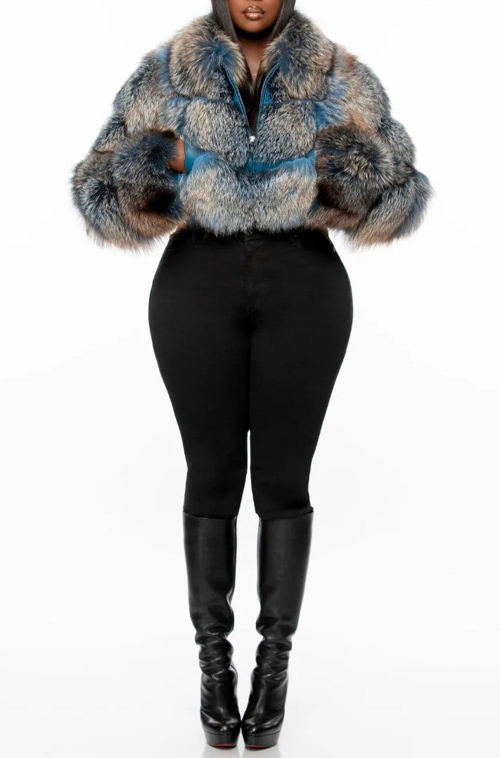 Blue Fur Bomber Jacket