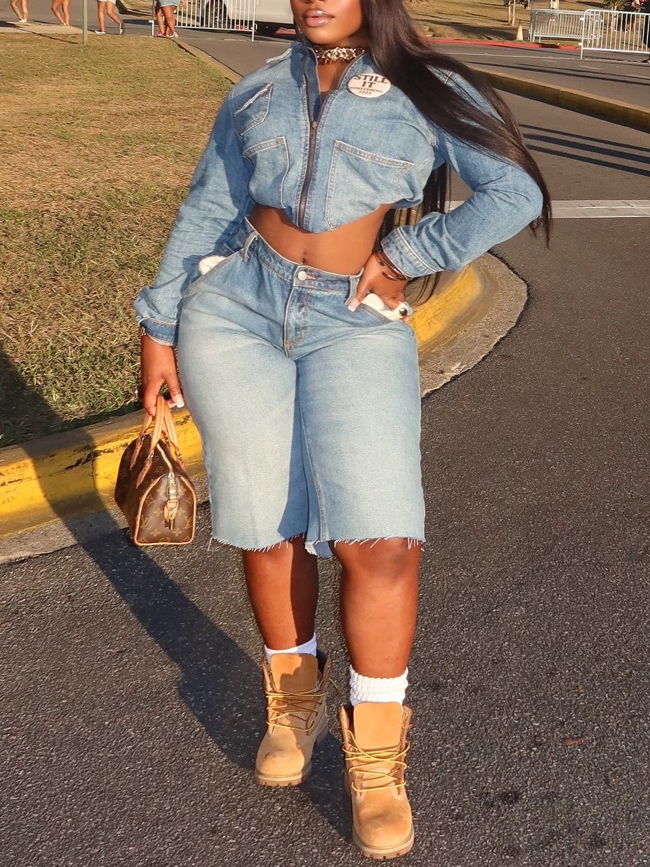 Denim Suit With Shorts And Casual Jacket