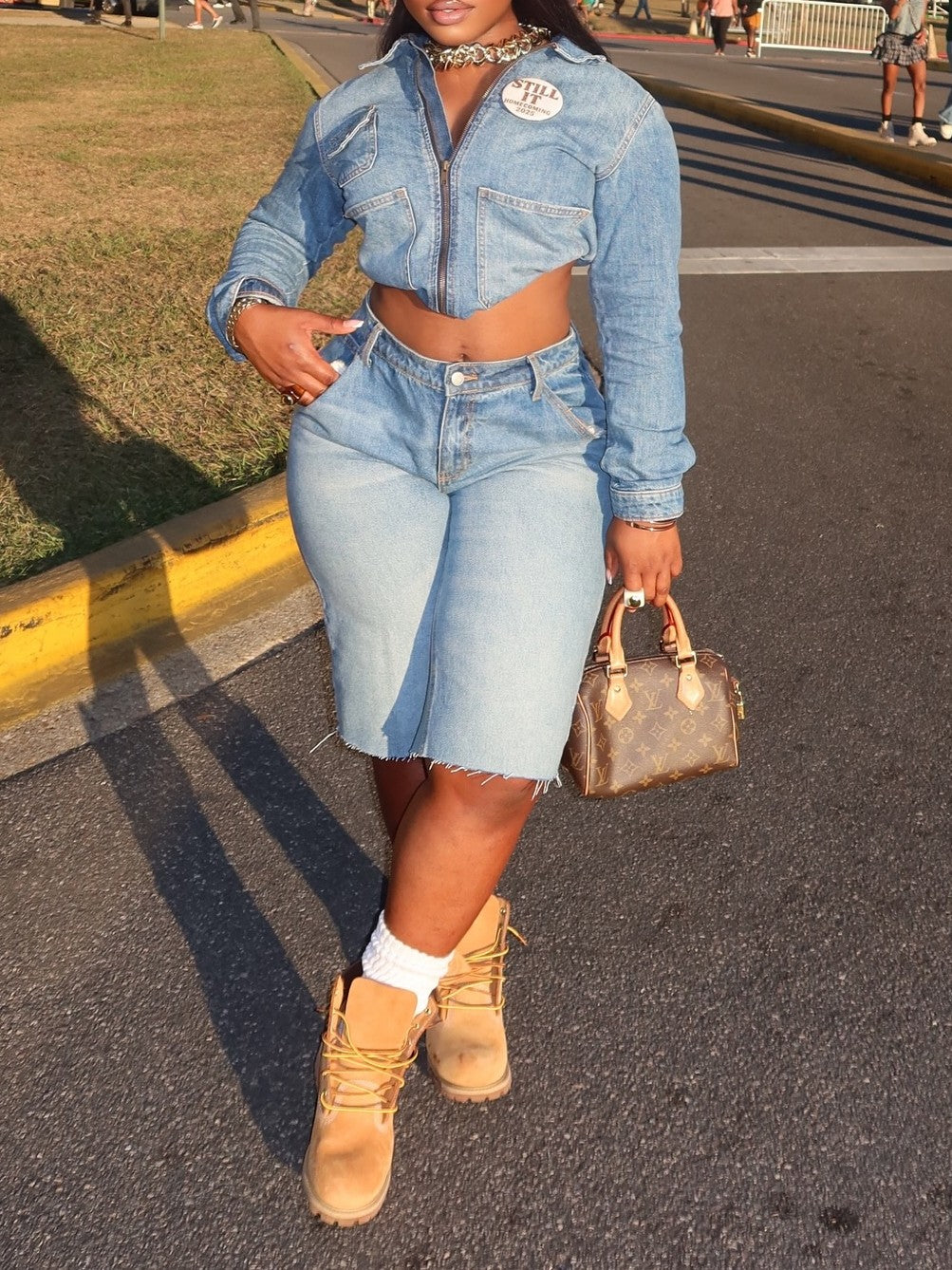 Denim Suit With Shorts And Casual Jacket