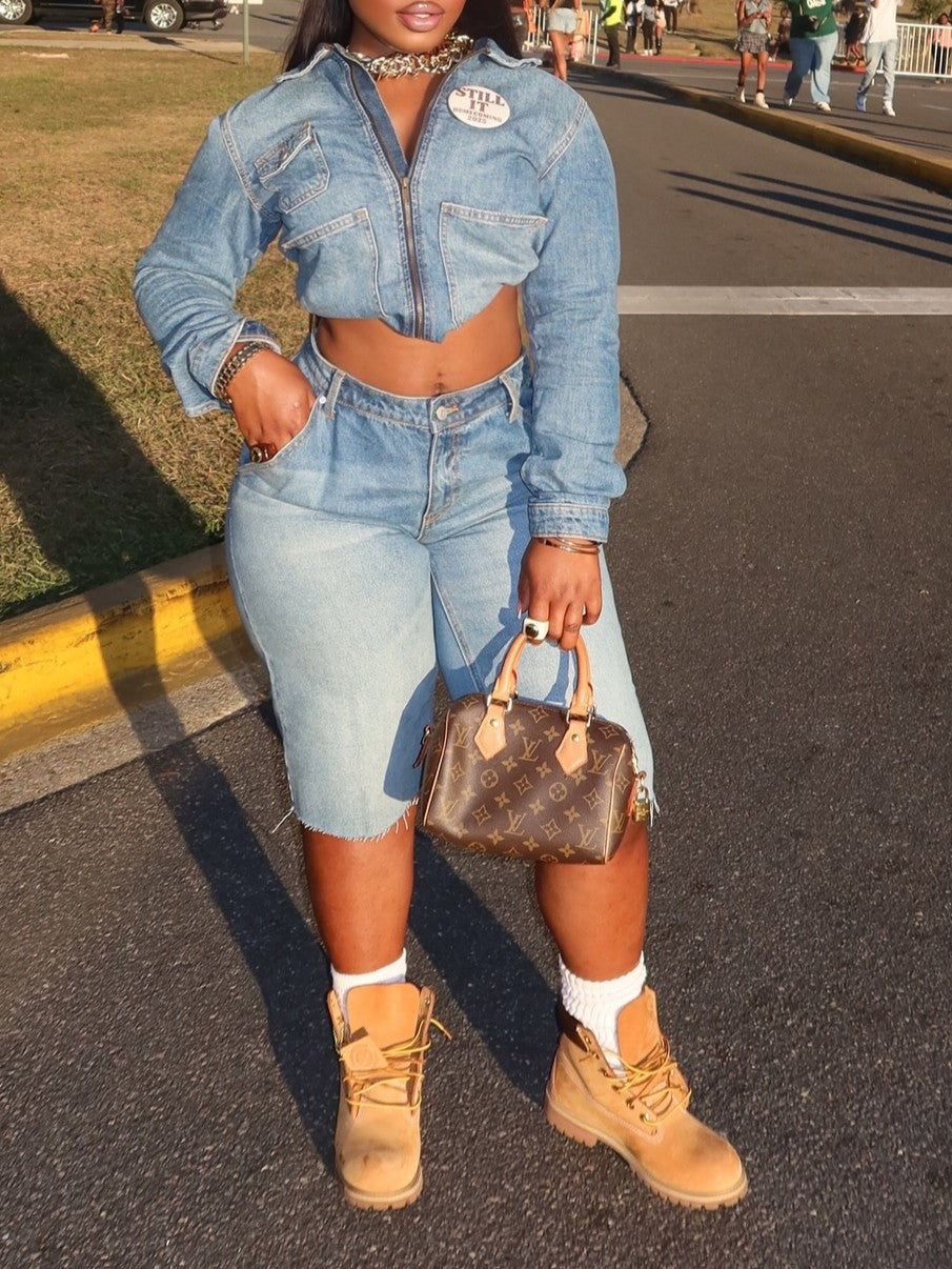 Denim Suit With Shorts And Casual Jacket