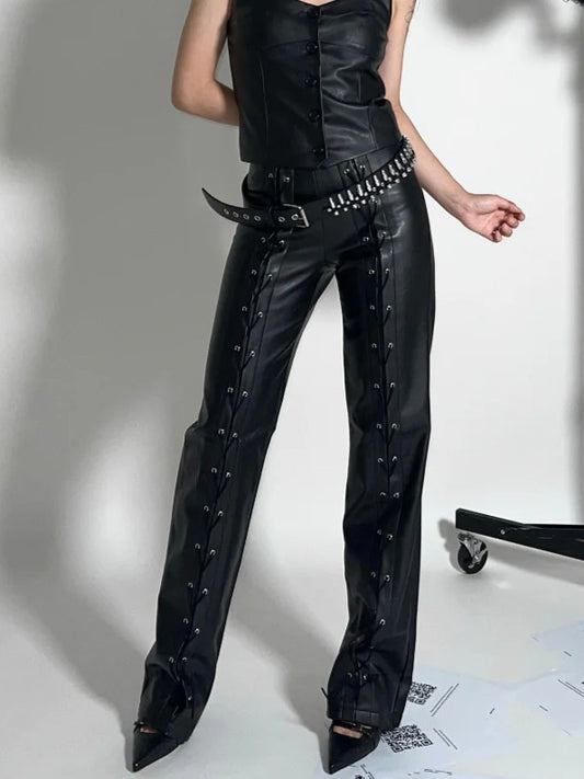 Eyelet Lace-up Leather Long Pants