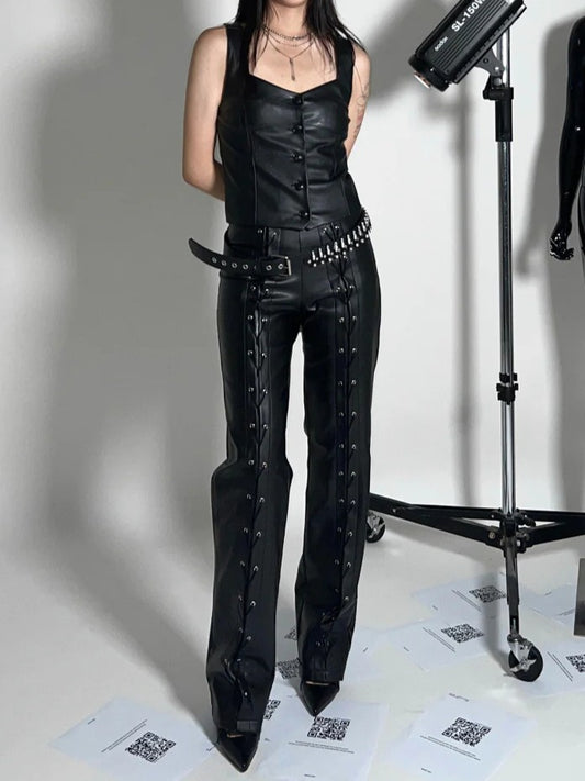 Eyelet Lace-up Leather Long Pants
